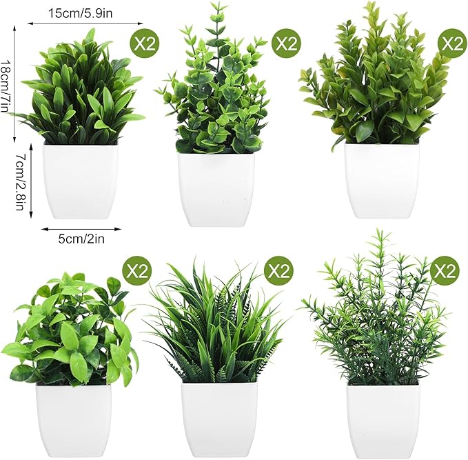 Kifmurase 12Pcs Fake Plants, Mini Artificial Greenery Potted Plants for Shelf, Small Artificial Faux Eucalyptus for Home Decor, Indoor, Office, Desk, Shelf, Table Decoration