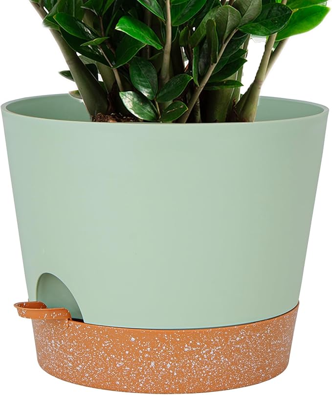 SwinDuck 12inch Large Self Watering Plant Pot, Plastic Cylinder Planter with 60Oz Deep Reservoir and Saucer for Indoor Outdoor Plants Flowers Houseplants, Green with Brown