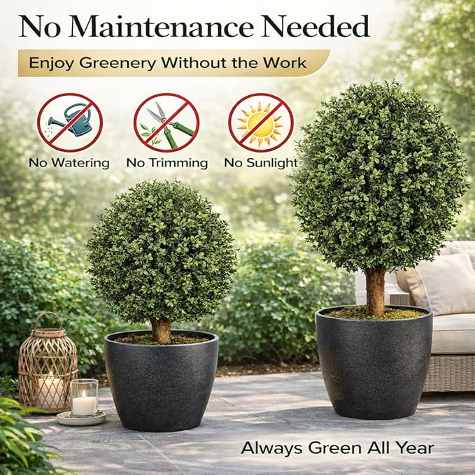 Artificial Boxwood Topiary Tree, 24" Faux Outdoor Plant in Pot, UV Resistant Fake Greenery for Front Porch, Patio, Entryway & Garden Decor