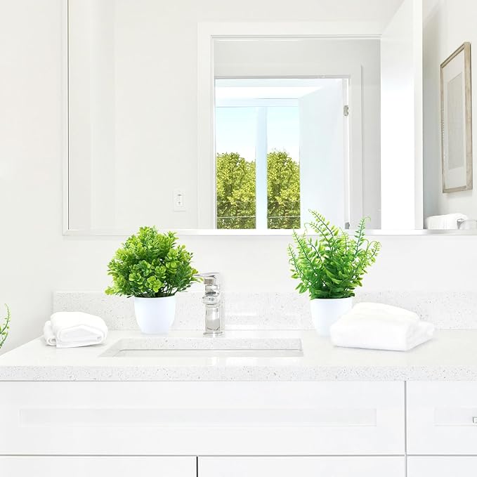 GREENTIME 2 Pack Small Fake Potted Plants for Home Decor Faux Eucalyptus Plant in White Pot Artificial Mini Fern Greenery for Bathroom Shelf Indoor Office Desk Living Room Kitchen Decorations