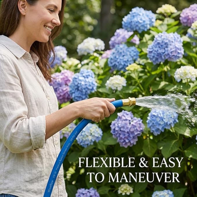 WiseFlow Garden Hose 25FT x 5/8", Heavy Duty Rubber Hose, Water Hose with Five Layered Braiding, Male Female Fittings, 1000PSI Burst, 300PSI Working (Blue)