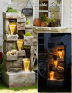 41.7" Outdoor Water Fountains 3 Tier Modern Floor-Standing Fountain with LED Lights and Pump Outdoor Rock Waterfall Fountain for Garden, Yard, Porch, Patio, Home Decor, Yellow