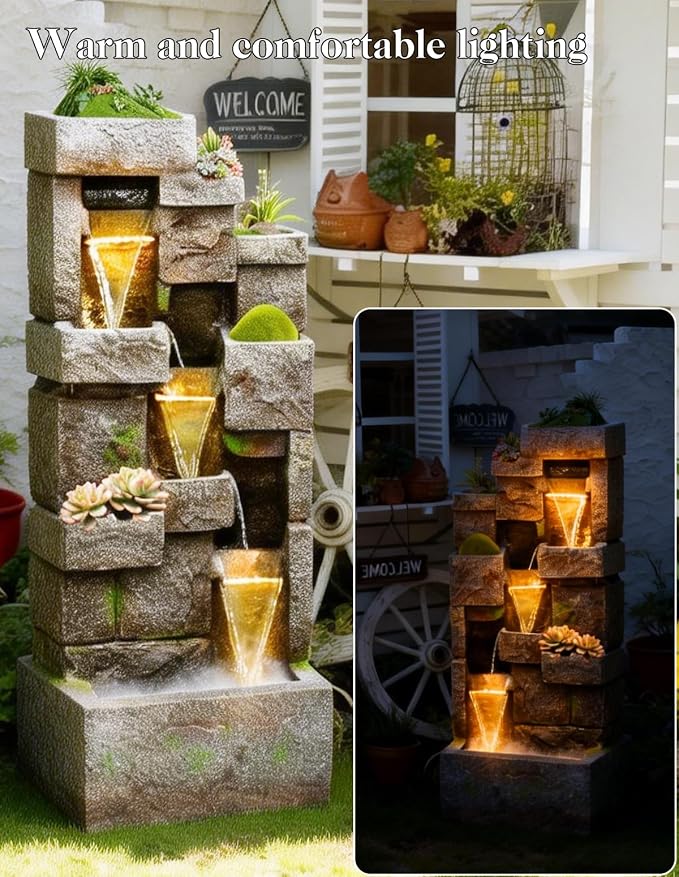 41.7" Outdoor Water Fountains 3 Tier Modern Floor-Standing Fountain with LED Lights and Pump Outdoor Rock Waterfall Fountain for Garden, Yard, Porch, Patio, Home Decor, Yellow