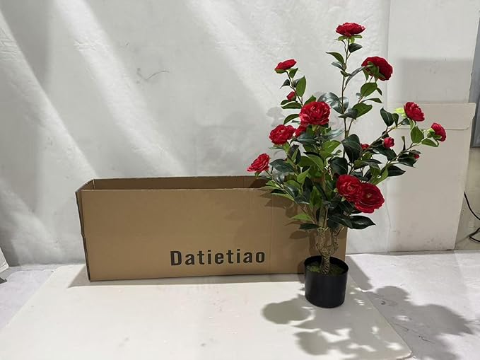 Artificial Camellia Tree 2 Pack - Realistic Camellia Plants in Pot with Red Flowers, Lifelike Faux Greenery for Living Room, Patio, or Wedding, Red