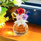 YWHL Handmade Crystal Colorful Rose Flower Figurine with Round Vase, Romantic Rose Gifts for Women on Anniversary Birthday Chrismas, Glass Rose for Grandma Mom Wife, Wedding Home Decorations