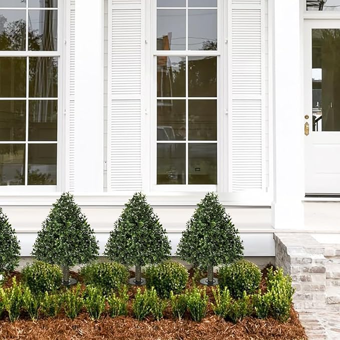 Briful Faux Boxwood Topiary Shrub with Ground Spike, 23.6in Artificial Topiary Trees Outdoors Fake Potted Boxwood Plants for Front Porch Garden Yard Home Decor