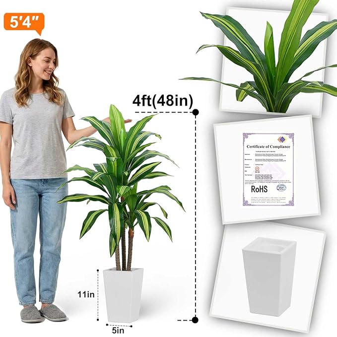 Aveyas 4ft Artificial Dracaena Tree for Home Decor, 4 Feet Real Touch Large Faux Plant Fake Silk Floor Trees with Pot for Indoor Outdoor House Living Room Office (4 ft Tall Including Raised Pot)