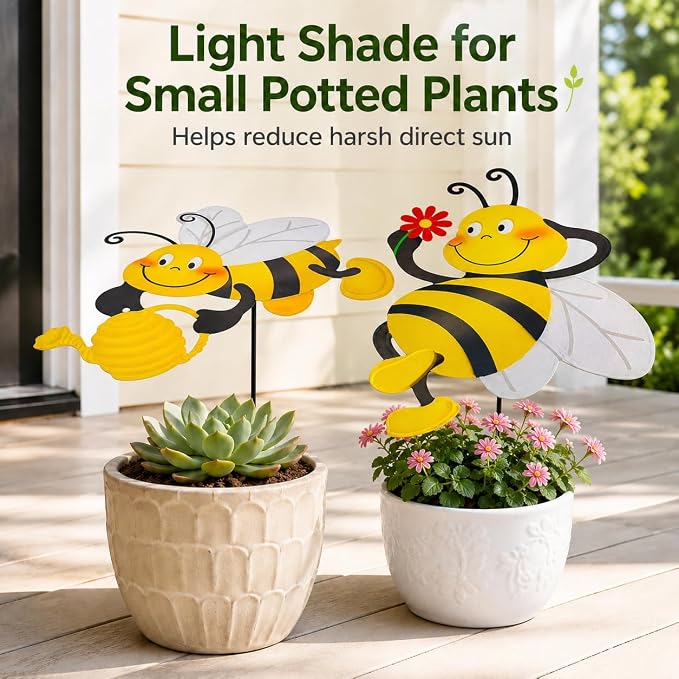 2 Pack Metal Bee Plant Umbrellas for Outdoor Plants, 24.6 Inch Decorative Plant Shade Cover, Cute Bee Garden Stakes Outdoor for Small Potted Plants, Flower Pots, Planters, Patio Porch Decor