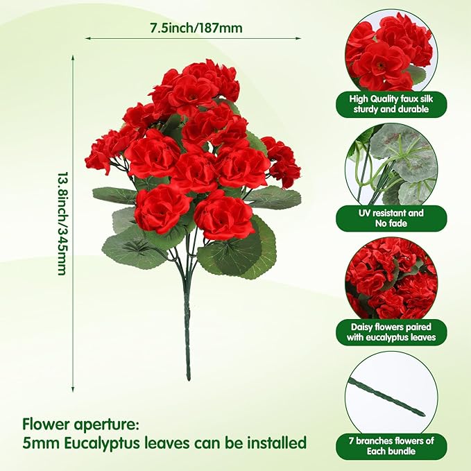 7Pcs Geranium Artificial Flowers for Outdoors Decoration Geranium Silk Flowers Outsides UV Resistant Garden Plants Faux Flower for Front Door Garden Porch Planter Patio Balcony Yard Indoor Home (Red)
