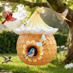 Bird Houses for Outside Yellow Cottage Resin Birdhouse, Garden Outdoor Decor Bird House with Flower and Bees, Birdhouses for Outdoors for Bluebird Finches Cardinals
