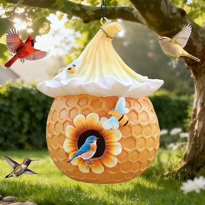 Bird Houses for Outside Yellow Cottage Resin Birdhouse, Garden Outdoor Decor Bird House with Flower and Bees, Birdhouses for Outdoors for Bluebird Finches Cardinals