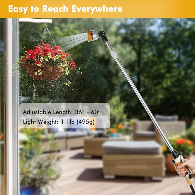 RESTMO 36”-60” Metal Watering Wand, Long Telescopic Tube | 180° Adjustable Ratcheting Head | 7 Spray Patterns | Flow Control, Perfect Garden Hose Sprayer to Water Hanging Baskets, Shrubs, Yellow
