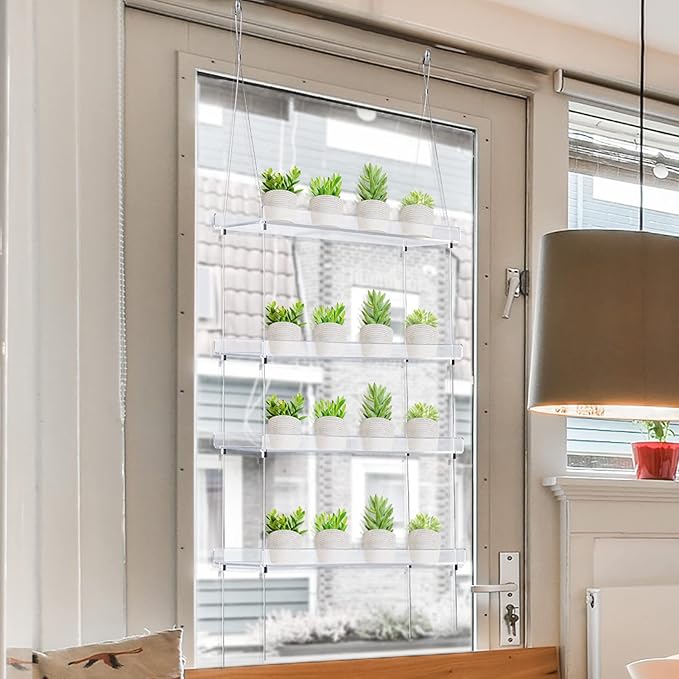 Sumerflos 4 Tier Acrylic Window Boxes Plant Shelves for Windows, Hanging Shelves for Indoor Plants, Flower Pot Organizer Storage for Window Grow Herbs, Microgreens, Succulents, Flower