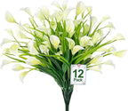 TURNMEON 12 Bundles Calla Lily (240 Heads) Artificial Flowers for Outdoors, Fake Plants UV Resistant Faux Plastic Fake Flowers for Indoor Planter Home Porch Yards Spring Summer Cemetery Decor(White)