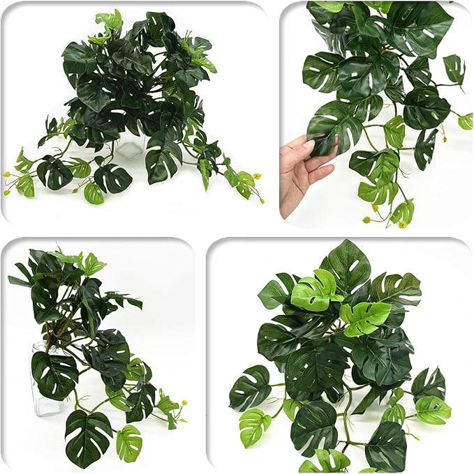 Artificial Monstera Plants, Fake Tropical Palm Small Potted Faux Hanging Greenery Mini Plants for Indoor Outdoor Home Office Garden Houseplants Pot Decor Wedding Party DIY Decoration - Green 2 Pack