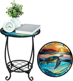 Outdoor Side Table Round Small Mosaic Patio Accent Indoor End Plant Coffee Tea Table for Yard Patio Porch Garden Living Room, Bedroom(Turtle Style,14 Inch)