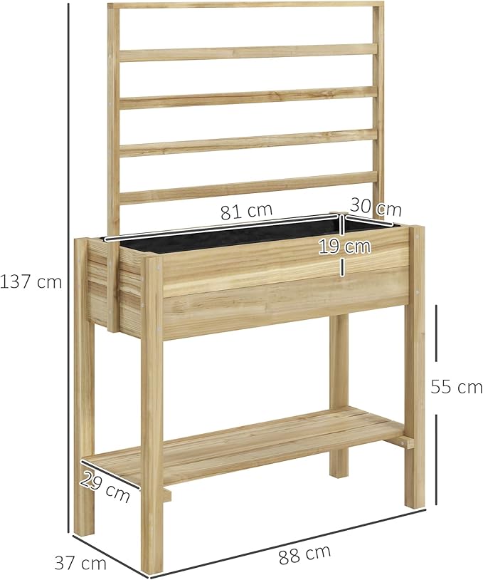 Outsunny Wooden Raised Garden Bed with Trellis, Elevated Planter Box with Storage Shelf, Drainage Holes and Liner, Outdoor Flower Box for Vegetables, Flowers, Herbs