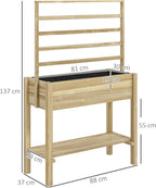 Outsunny Wooden Raised Garden Bed with Trellis, Elevated Planter Box with Storage Shelf, Drainage Holes and Liner, Outdoor Flower Box for Vegetables, Flowers, Herbs