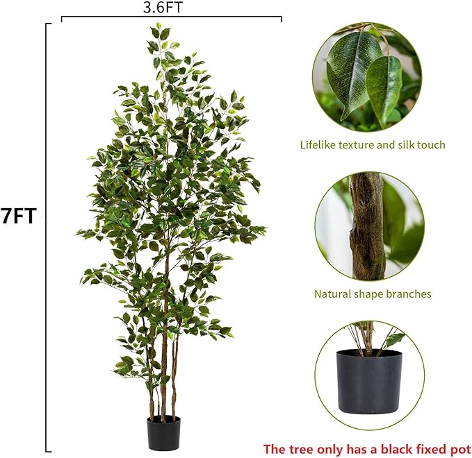 Bailikang Artificial Ficus Tree Indoor 7ft, Large Potted Faux Tree with Realistic Silk Leaves & Trunk for Home Office, Living Room Corner Decor