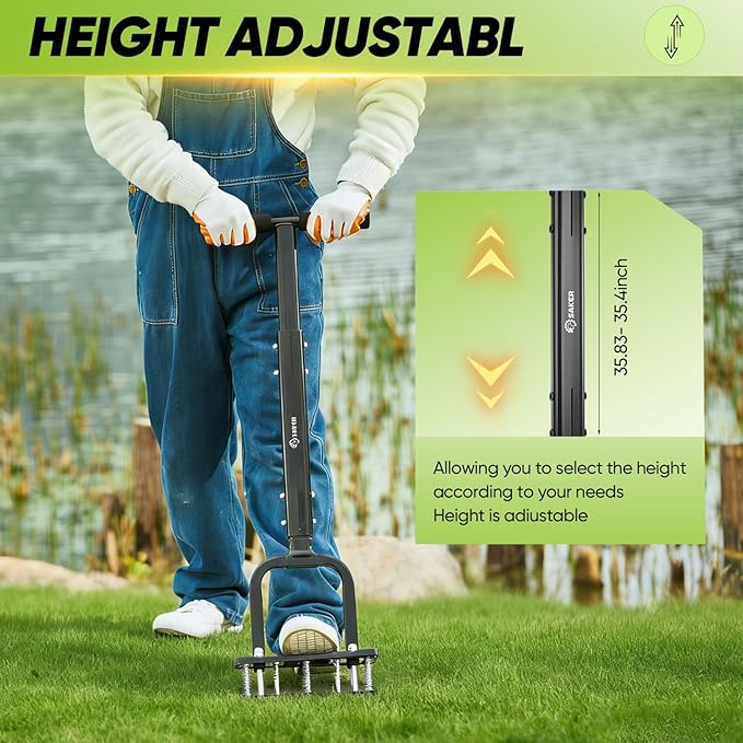 Saker Lawn Aerator Tool, 2026 Upgraded Manual Lawn Aerator with 15-Spike Heavy-Duty Yard Aeration Tool with Spring-Loaded Design, for Loosening Soil Aerating Patio, Yard, Garden Dark Black