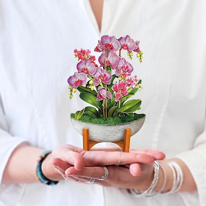 Freshcut Paper Pop Up Cards, Mini Orchid Oasis, 6 Inch Mini Sized Forever Flower Bouquet 3D Popup Greeting Cards, Birthday Card, Get Well Gifts, Blank Notecard & Envelope