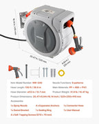 VEVOR Retractable Garden Hose Reel, 1/2 in x 130 ft, Wall Mounted Hose Reel with 9-Function Sprayer Nozzle and 180° Swivel Bracket, Any Length Lock, Automatic Slow Rewind System, for Garden Watering