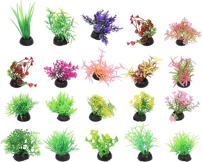 Ipetboom 20pcs Fish Tank Decorations Set Aquarium Plants, Colorful Artificial Decor - Mini Plastic Water Plants Grass Accessories for Beta Goldfish Turtle, Random Color