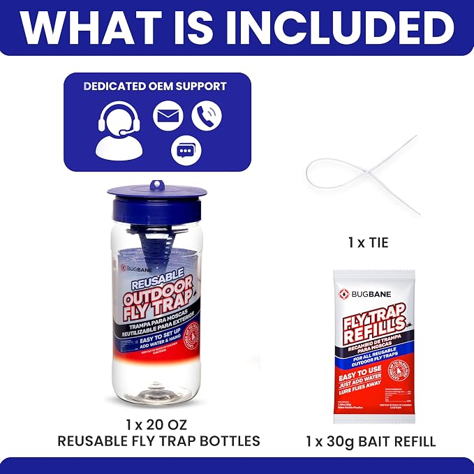 Fly Trap Outdoor Fly Traps for Patio with 2 Non-Toxic Dissolvable Bait Refills. Reusable Hanging Bug Catcher Killer for All Filth Flies for Outside Bug Control Yard Ranch. Hanging Chains Included.