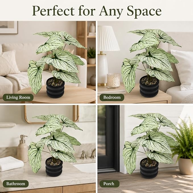 16'' Fake Plant Tall Artificial Caladium Plants Indoor with Black Planter Design, for Home Living Rooms Patios Porches Bathrooms Outdoor Decor (Green)