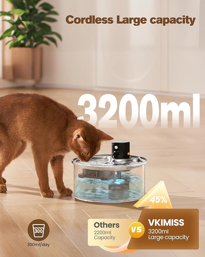 Wireless Cat Water Fountain Cordless | 108oz/3.2L Battery Operated Pet Fountain with Stainless Steel Water Tray + Plastic barrel (with 8 Filters & 8 Sponges)