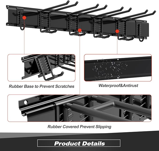 Sttoraboks Garage Tool Storage Rack, Heavy Duty Garage Storage Organizer Rack System Wall Mounted Tool with 6 double hooks, 2 rails, Garden Yard Tools Hanger Rack for Ski Gears, Broom, Rake,Shovel