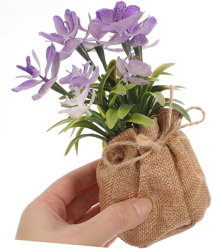 Wakauto Faux Phalaenopsis Orchid Flowers Potted Artificial Plastic Orchid with Rope Bag Decorative Home Ornament for Living Room Office Desk Display