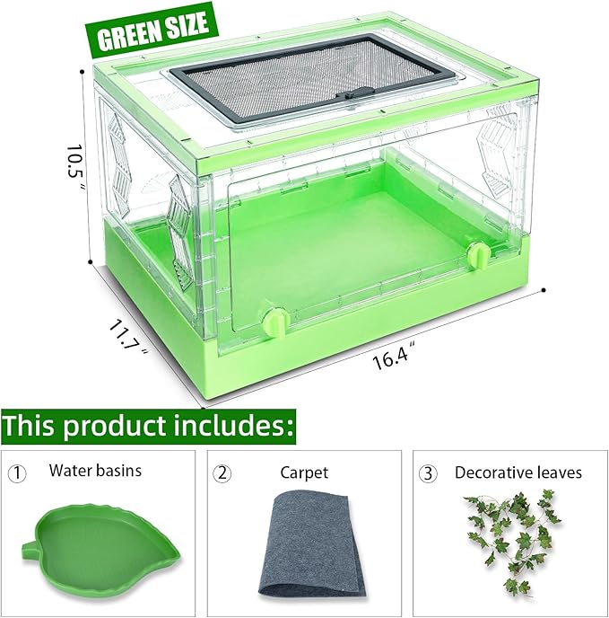 Foldable Reptile Terrarium with Sliding Door Portable Spider Enclosure, Lizard Cage, Plastic Habitat for Tarantula, Tree Frog, Leopard Gecko, Snake, Hermit Crab Ventilated Terrarium Starter Kit Green