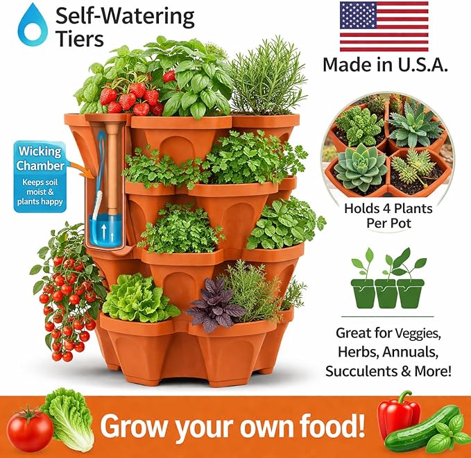 Vertical Garden Planter 4 Tier Stackable System 16 Plants, Space Saving Herb, Strawberry & Food Crop Planter with Center Support Hole for Indoor Outdoor Gardening (4, Terracotta, Small)