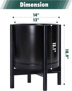 D'vine Dev Ceramic Planter with Ebony Stand - 14 Inch Modern Round Flower Pot with Wood Planter Holder, Black, 55-B-S-2