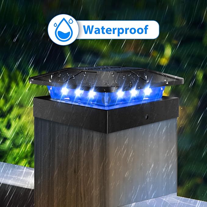 Peasur 2pack 4x4 Solar Post Lights Outdoor, Blue & Warm White LED Fence Caps Light Waterproof, Wood & Vinyl Post Top Lighting for Deck Mailbox Railing Porch Outside