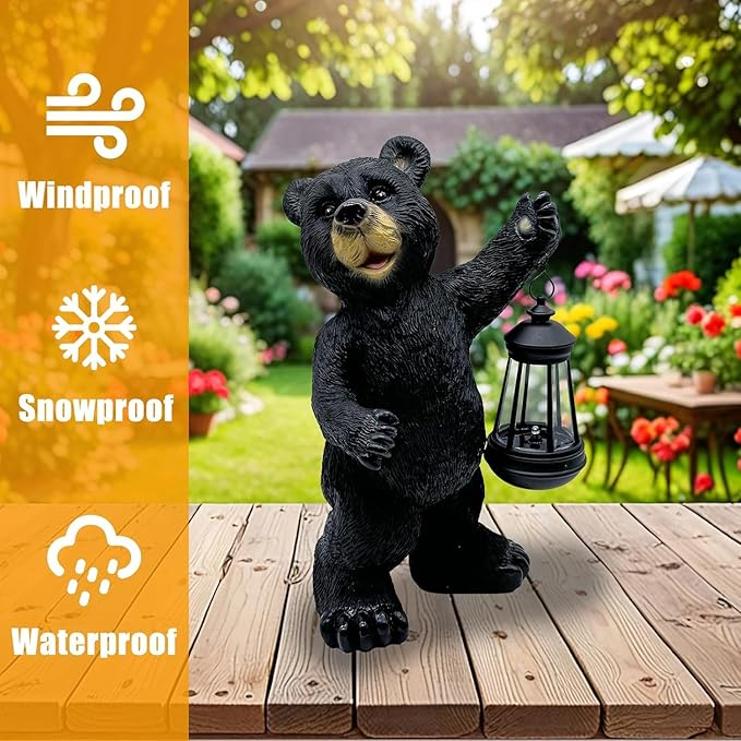 Solar Black Bear Garden Statue - 14" Resin Figurine with Solar LED Lantern, Auto On/Off Waterproof Decor, Dual Use Indoor Outdoor Light for Patio Yard Porch