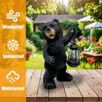 Solar Black Bear Garden Statue - 14" Resin Figurine with Solar LED Lantern, Auto On/Off Waterproof Decor, Dual Use Indoor Outdoor Light for Patio Yard Porch