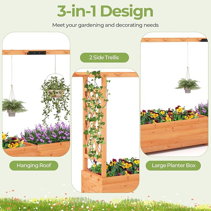 HAPPYGRILL Raised Garden Bed with Trellis, 2 Pack Freestanding Wood Planter Box w/Hanging Roof & 8 Drainage Holes for Vine Climbing Plants Flowers, Outdoor Planter with Trellis for Garden Patio Yard