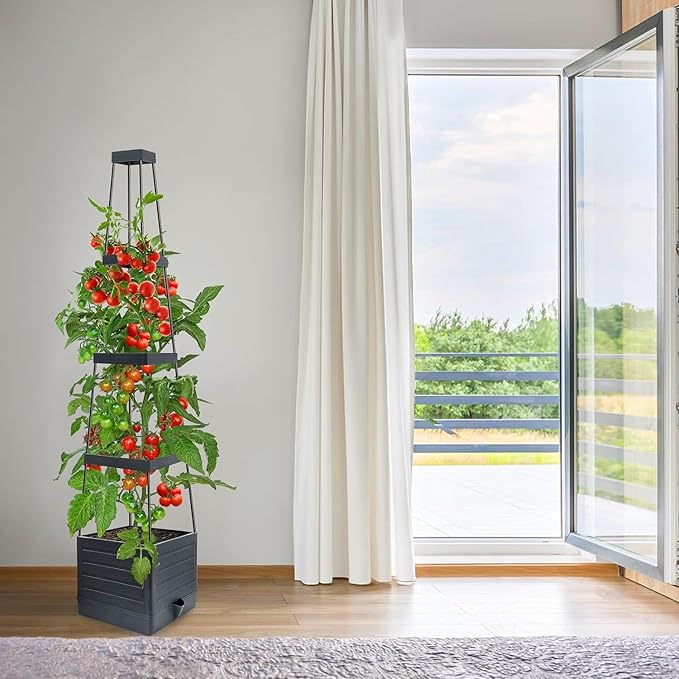 MYMULIKE Raised Garden Bed 4 Packs, Planter Boxes with Trellis 58.3'' Tomato Planters for Climbing Vine Vegetables Flowers Plants Self Watering Tomatoes Cage for Outdoor Patio Greenhouse