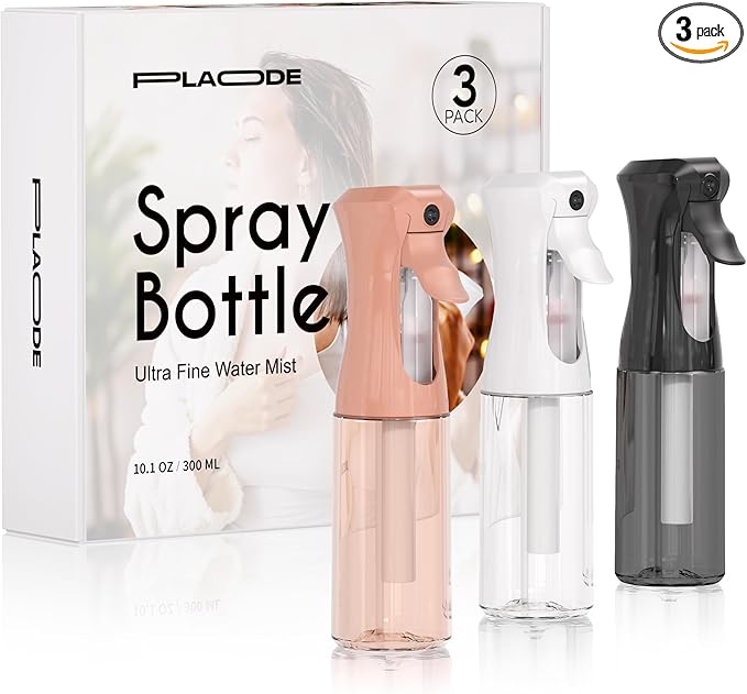 Spray Bottle for Hair, Continuous Ultra Fine Mister Spray Bottle, Refillable Water Sprayer for Hairstyling, Plants, Pets, Cleaning, Skincare (3 Pack 10.1OZ/300ML,White+Black+Terracotta)