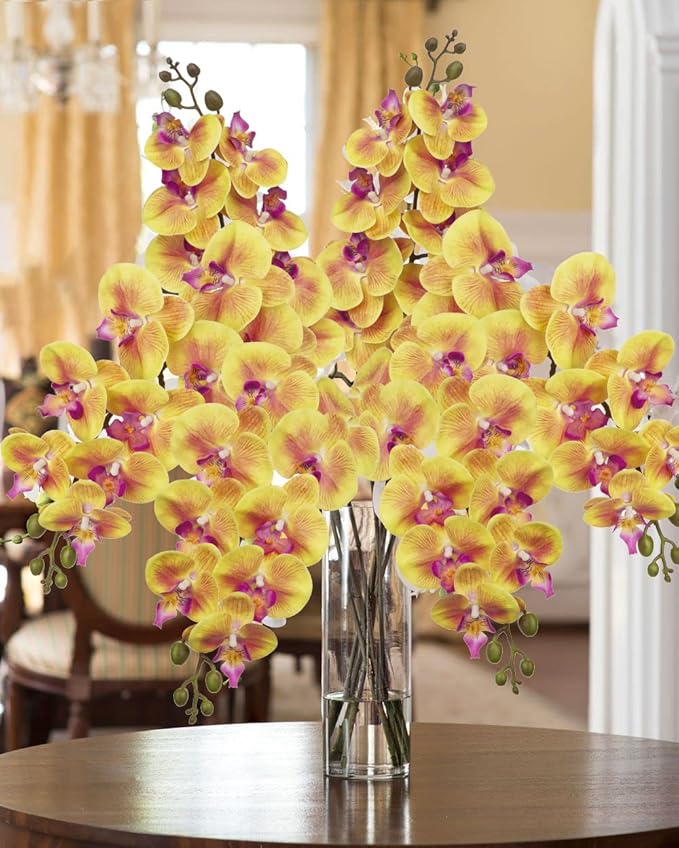 DILATATA Artificial Orchid Flowers 9 Large Heads of Real Touch Vivid Phalaenopsis Orchid Flower Stem 36'' Tall, Artificial Flowers Branches for Home Decor, Office House Decor-Yellow Orchids Flowers