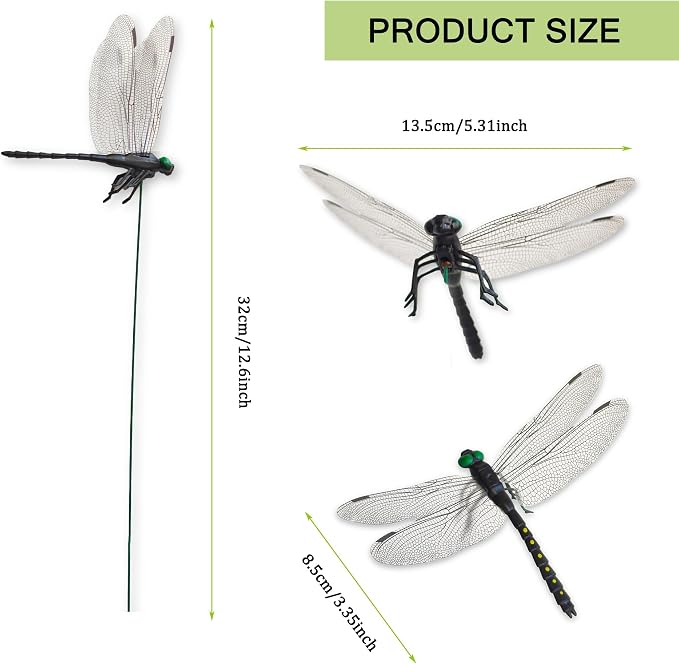 10 Pcs Dragonfly Decorative Stakes, Lifelike 3D Big Dragonflies PVC Dragon Fly Garden Stake for Indoor Outdoor Yard Balcony Plant Flower Pot Decor (Black)