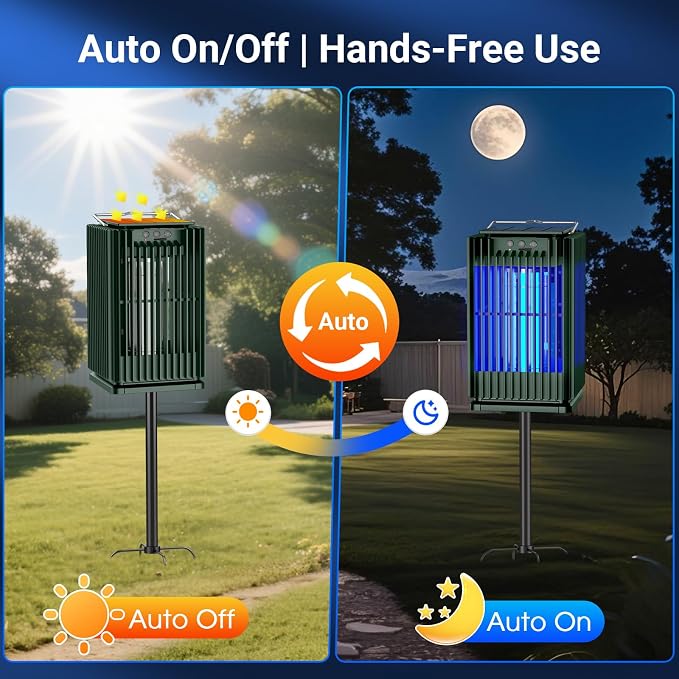 Solar Bug Zapper Outdoor, Solar Mosquito Zapper Outdoor with Ground Bracket, Cordless Waterproof Fly Zapper with Illuminated Light, 5000mAh Rechargeable Mosquito Killer