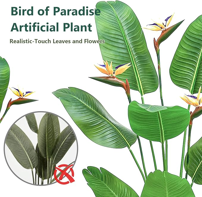 5FT Artificial Bird of Paradise Plant with Flowers, Tall Tropical Fake Plant Indoor, Large Artificial Plant for Living Room, Office Decor, Faux Floor Plant with Pot