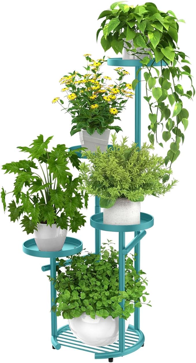 TOSKING 5-Tier Metal Plant Stand, Anti-Tip Round Base for Pots, Child & Pet Friendly, Space Saving Corner Shelf Flower Pot for Indoor Outdoor Use, Living Room Balcony Garden Patio Bedroom (Blue, 38in)