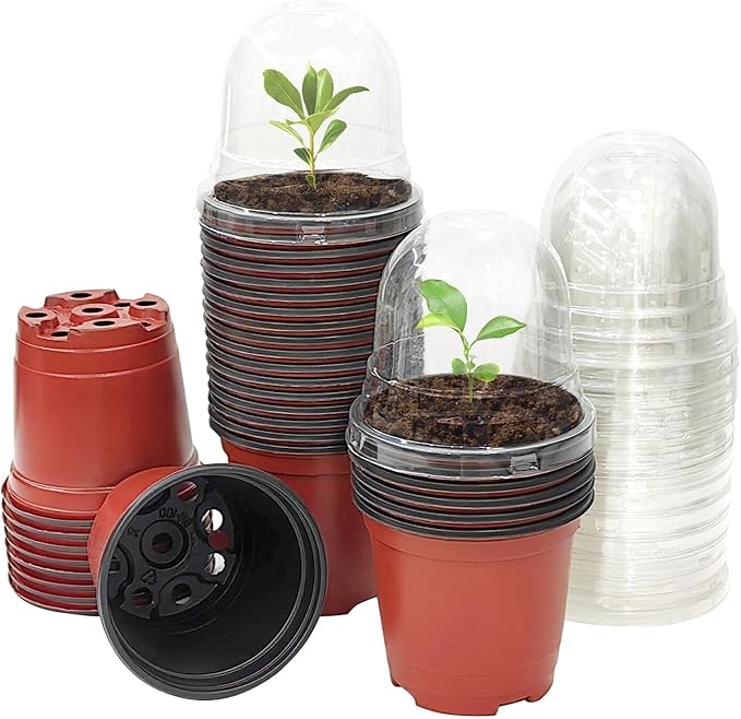 RooTrimmer Plant Nursery Pots with Humidity Domes, 50 Sets 4 Inch Soft Nursery Pots Quality Ones (50 Red Pots + 50 Clear Lids), Quality Seeds Starting with Cover