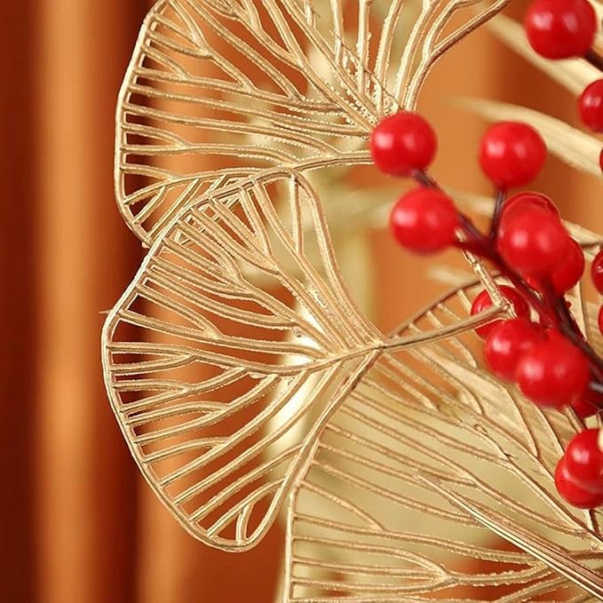 PASYOU Fake Golden Apricot Leaves Plants Artificial Gold Ginkgo Leaf Stems for Christmas Decor, Faux Plastic Sticks Picks Indoor Outdoor Home Wedding Party Event Xmas Ornaments DIY Decoration 12 Pcs