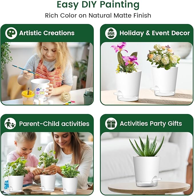 Meowell Self Watering Pots Pack of 6 – Different Size 4" to 7" Indoor Plant Pots with Drainage Holes and Clear Reservoir for Visible Water Level, Plastic Wicking Planters for House Plants, White