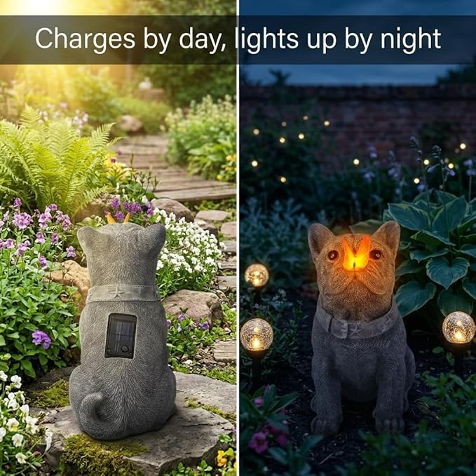 Solar French Bulldog Garden Statue with Butterfly, Outdoor Frenchie Sculpture Decor for Patio, Yard & Lawn, Unique French Bulldog Gifts & Dog Memorial Statue,10 Inch, Resin (Grey Stone)